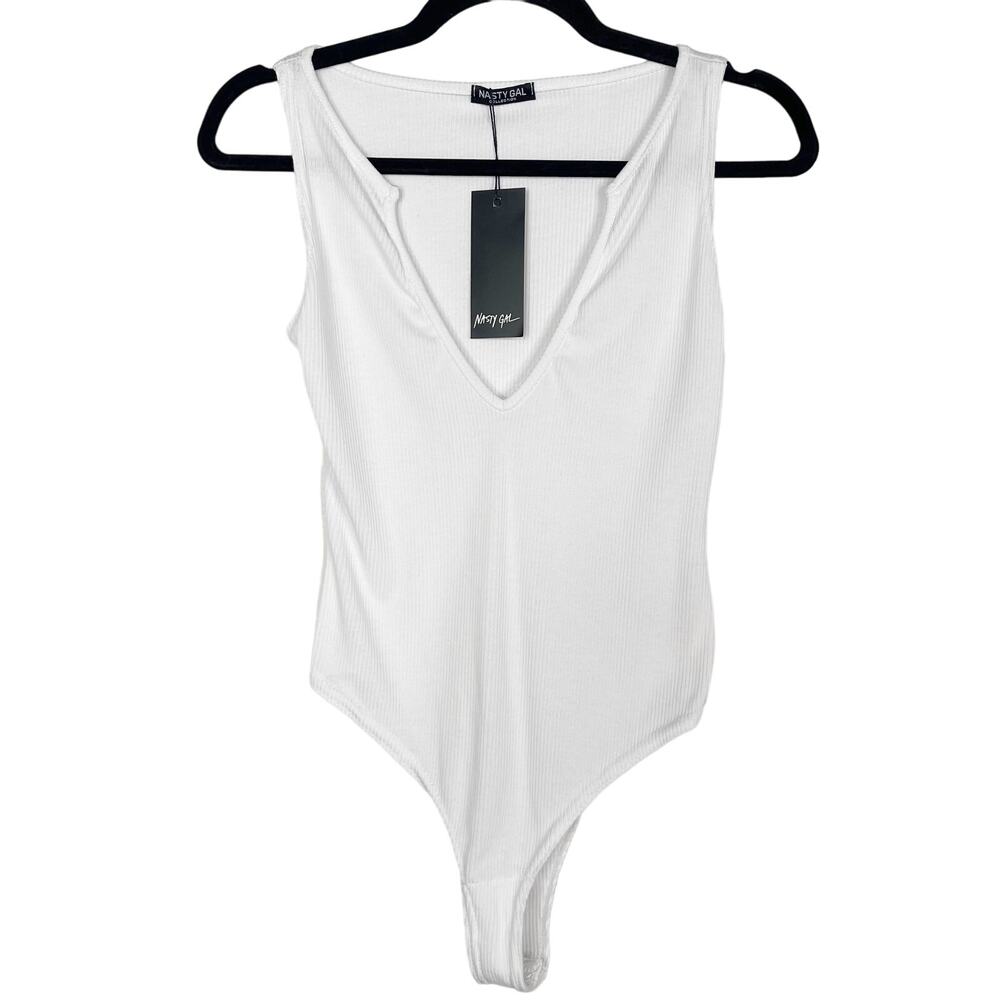 New Nasty Gal Size 6 White Ill V Seeing You Plunging Bodysuit Tank Top Ribbed